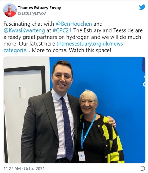 Tweet from Kate at the conference saying Fascinating chat with @BenHouchen and @KwasiKwarteng at #CPC21 The Estuary and Teesside are already great partners on hydrogen and we will do much more. Our latest here https://thamesestuary.org.uk/news-categories/hydrogen/ More to come. Watch this space!