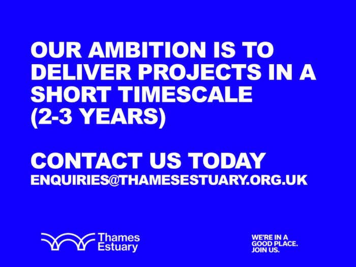 Graphic saying our ambition os to deliver projects in a 2 to 3 year time scale.. Contact us today enquiries@thamesestuary.org.uk
