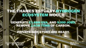 Banner reads: A Thames Estuary hydrogen ecosystem would add £3.8bn GVA, create 9,000 jobs and remove 2.43m tons of carbon. Private investors are ready.